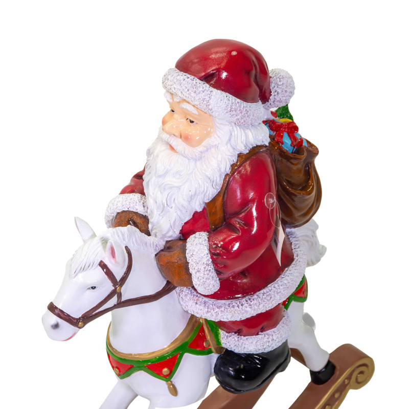 Babbo natale resina rosso su cavallo a dondolo cm61x28h82