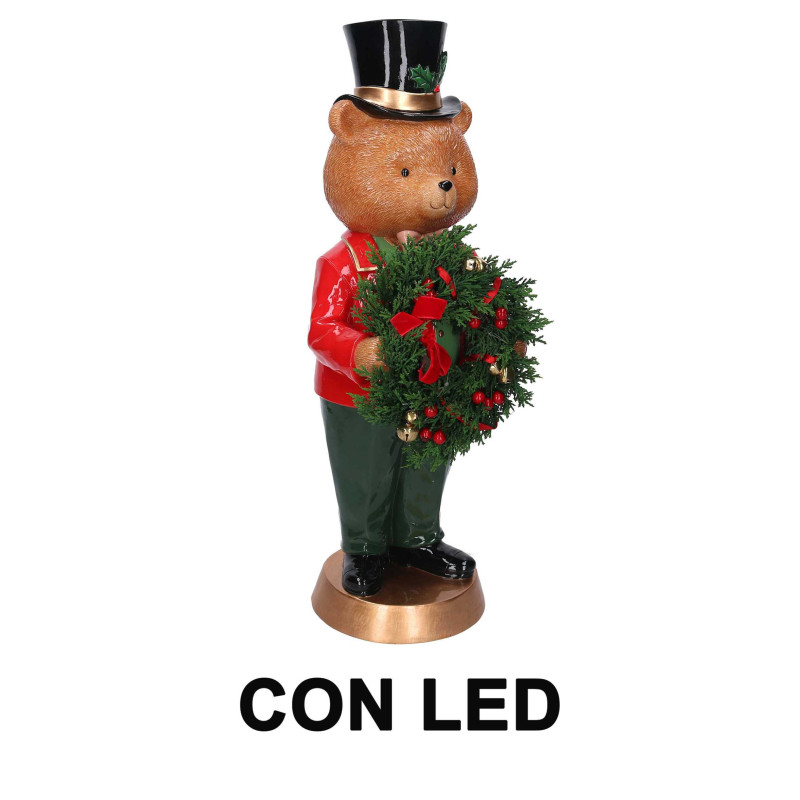 Orso resina rosso con ghirlanda con led cm22x20h61