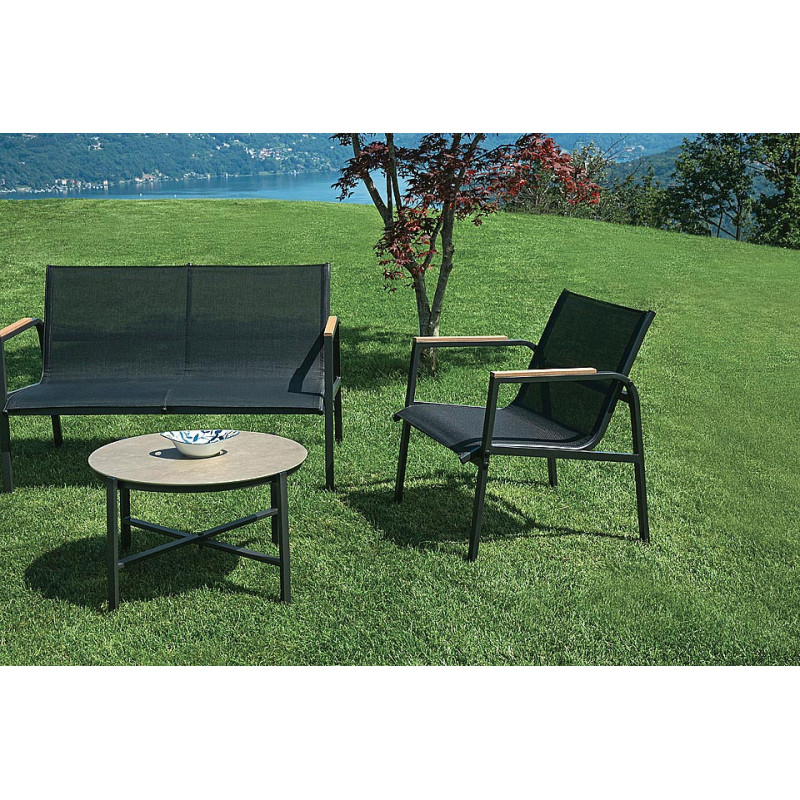 Salotto Tarquinia Tavolo Rettangolare In Ferro Antracite E Textilene Nero + Resin Wood Moia