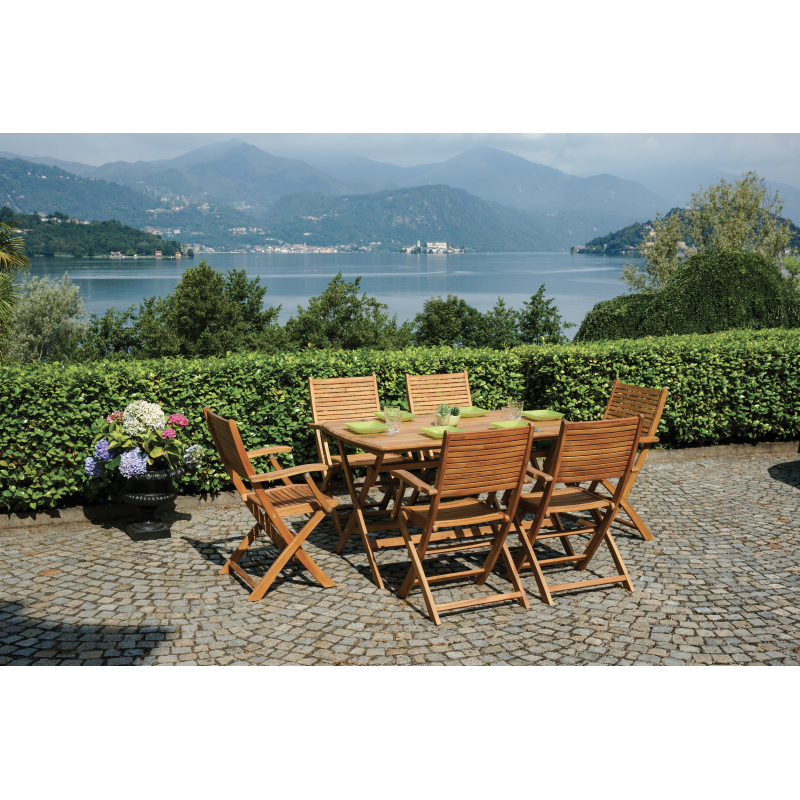 Set Tavolo Castiglione + 4 Sedie Pietrasanta In Acacia Pieghevole Con Braccioli Moia