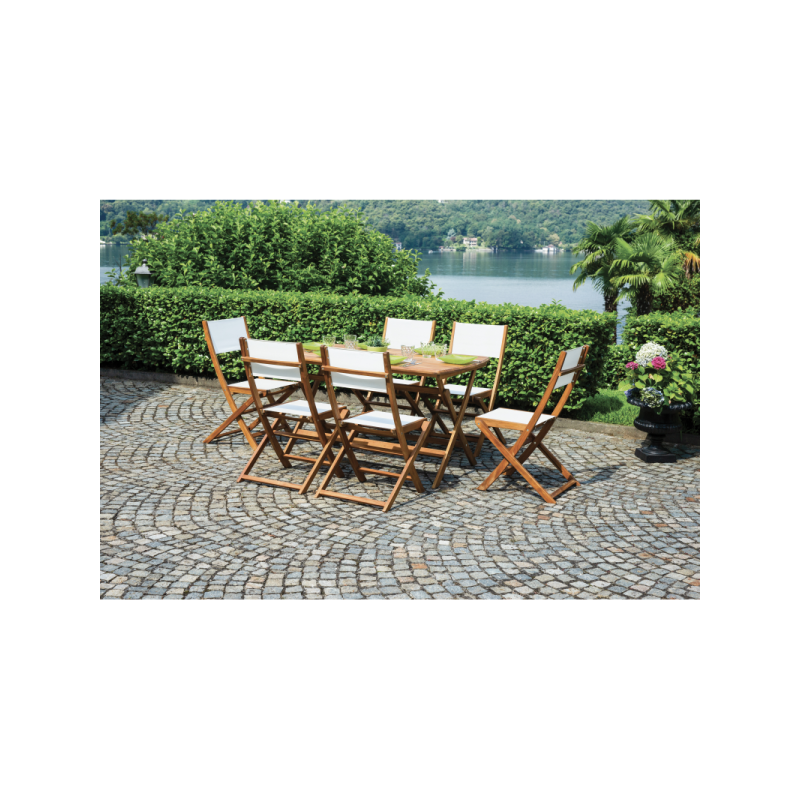 Set Tavolo Donoratico + 6 Sedie Venturina In Acacia Pieghevole Con Textilene Senza Braccioli Moia