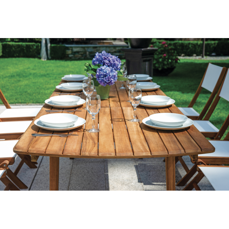 Set Tavolo Donoratico + 6 Sedie Venturina In Acacia Pieghevole Con Textilene Senza Braccioli Moia