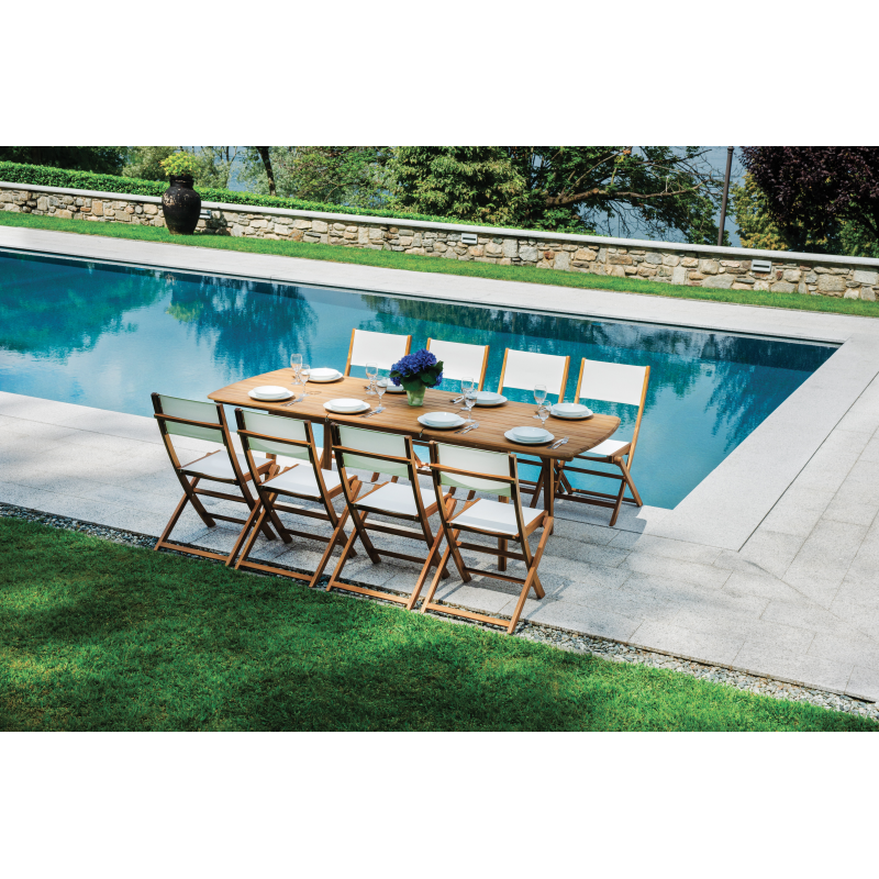 Set Tavolo Donoratico + 6 Sedie Venturina In Acacia Pieghevole Con Textilene Con Braccioli Moia