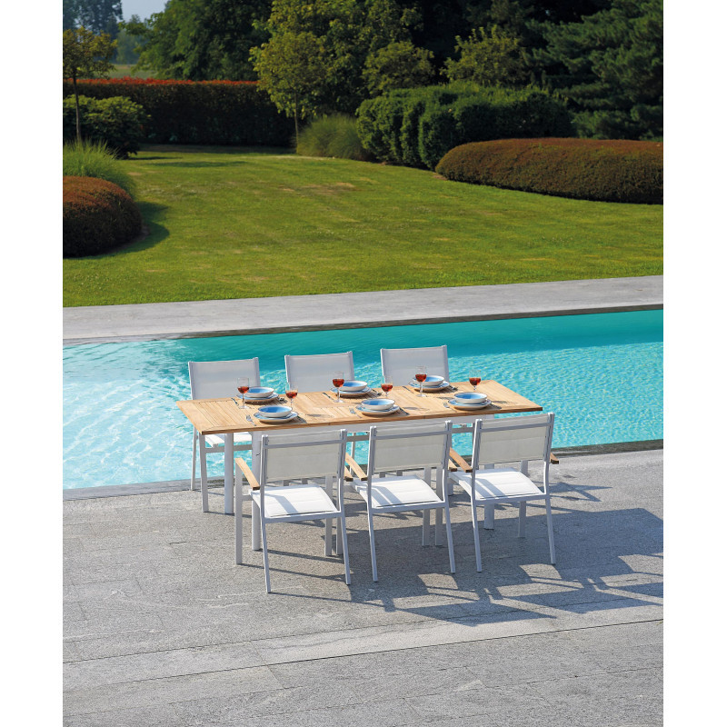 Set Tavolo Fuerteventura + 6 Sedie Milano Contract Senza Braccioli In Alluminio Bianco E Corda Grigia Moia
