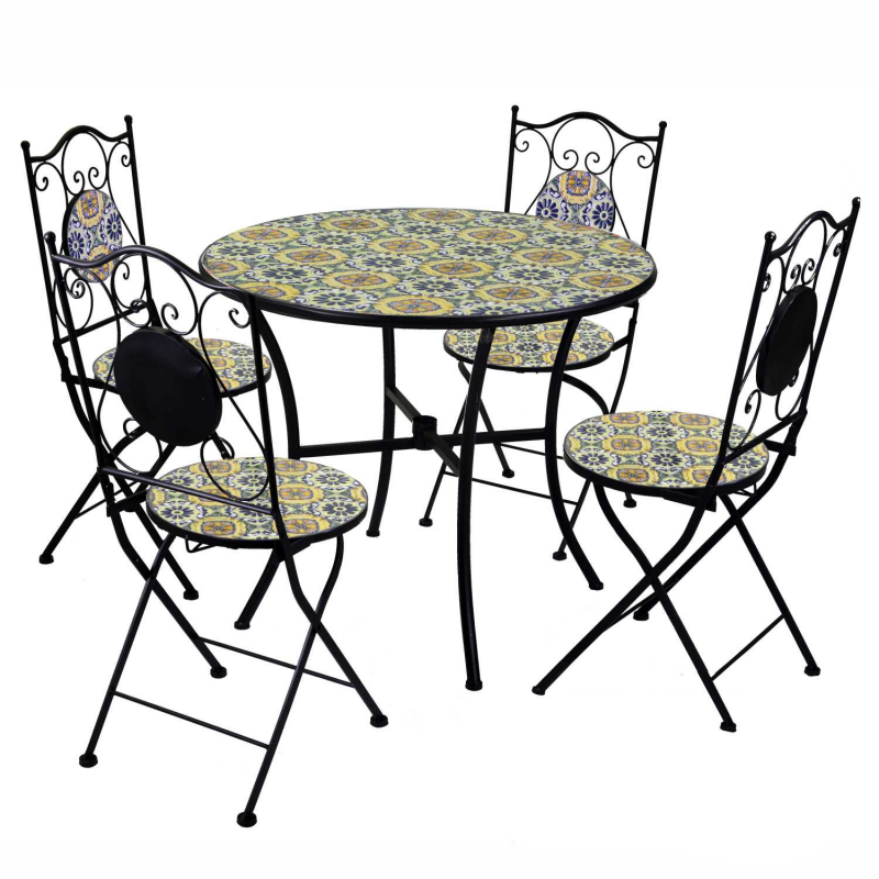 Tavolo mosaico metallo Oristano con 4 sedie tondo cm ø90h76