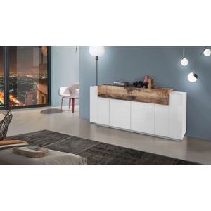 Credenza Coro Moderna 4 ante – Bianco Lucido e Acero Pereira