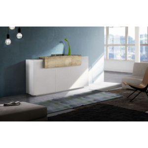 Credenza Coro Moderna 3 ante – Bianco Lucido e Acero Pereira