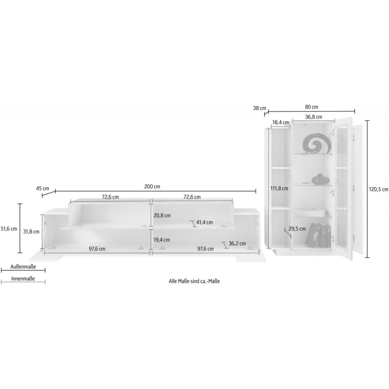 Set Soggiorno Coro 200 – Mobile + Vetrina – Bianco e Cemento
