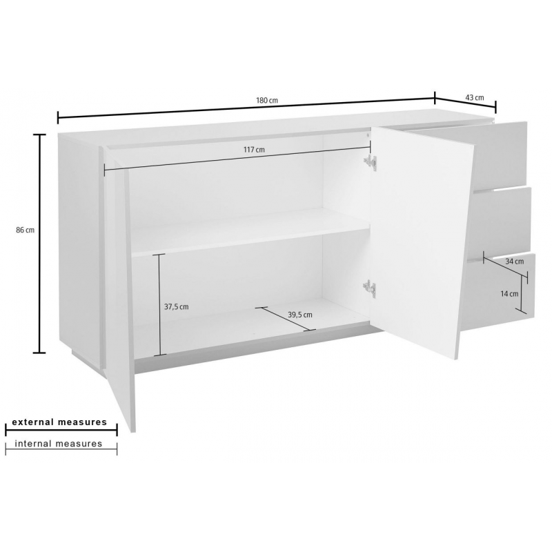 Credenza Vega 180 – 2 ante/3 cassetti – Bianco Lucido