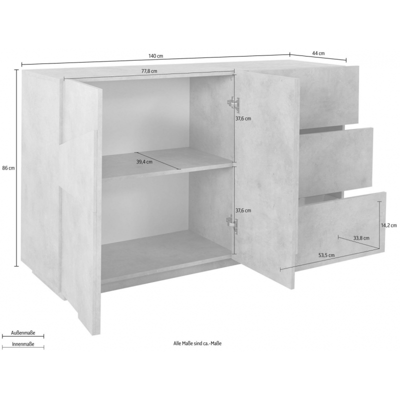 Credenza Ping 140 – 2 ante/3 cassetti – Cemento Bronx