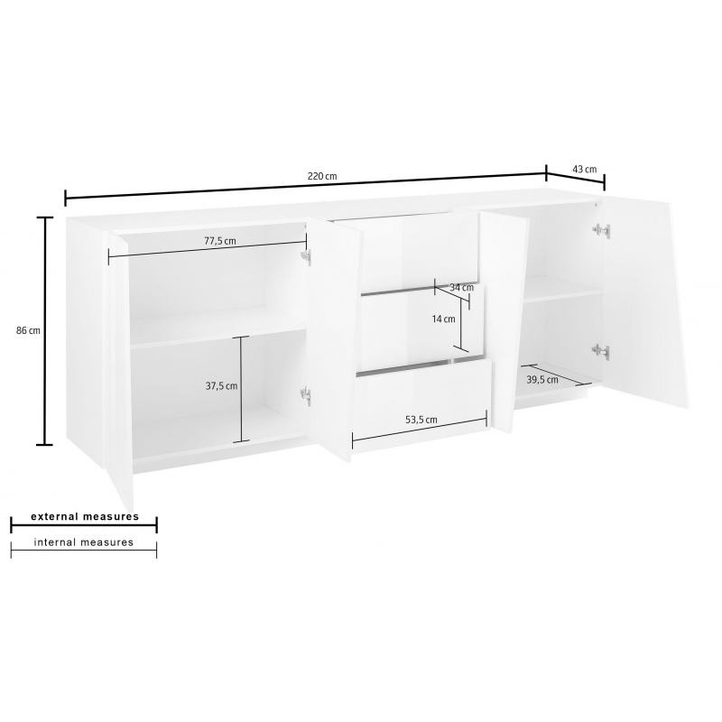 Credenza Vega 220 – 4 ante/3 cassetti – Bianco Lucido