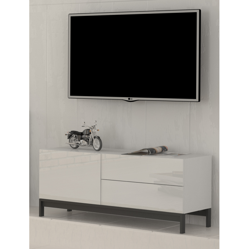 Mobile Porta TV Metis 110 con piedistallo in metallo nero – 1 anta + 2 cassetti – Bianco Lucido