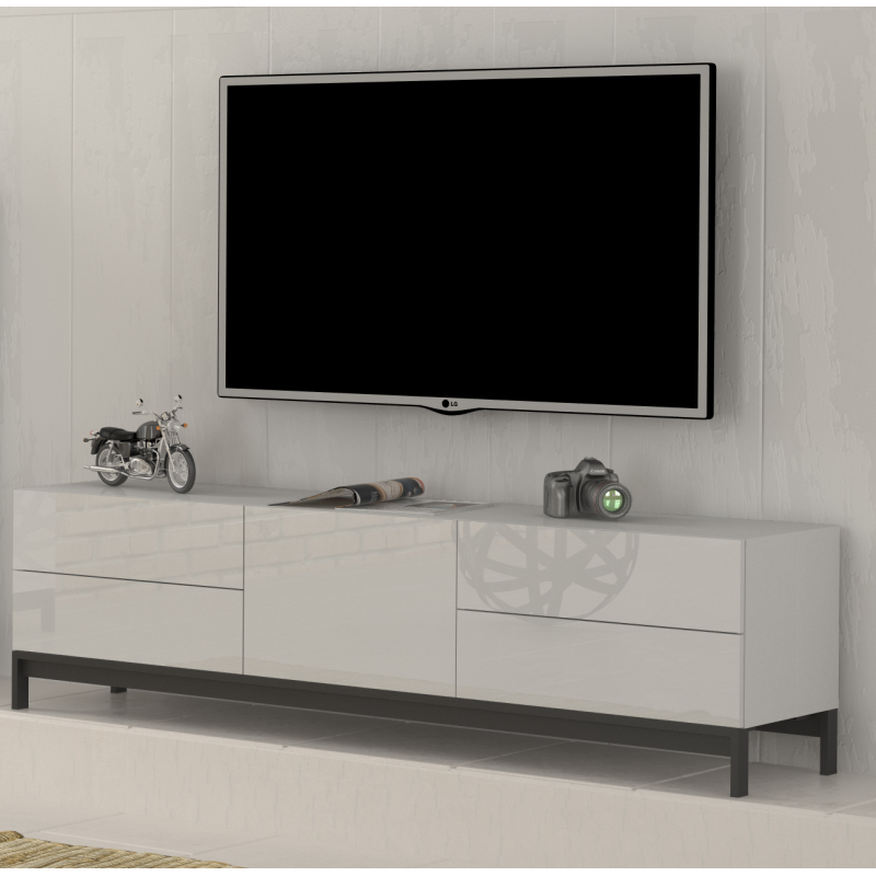 Mobile Porta TV Metis 170 con piedistallo in metallo nero – 1 anta + 4 cassetti – Bianco Lucido