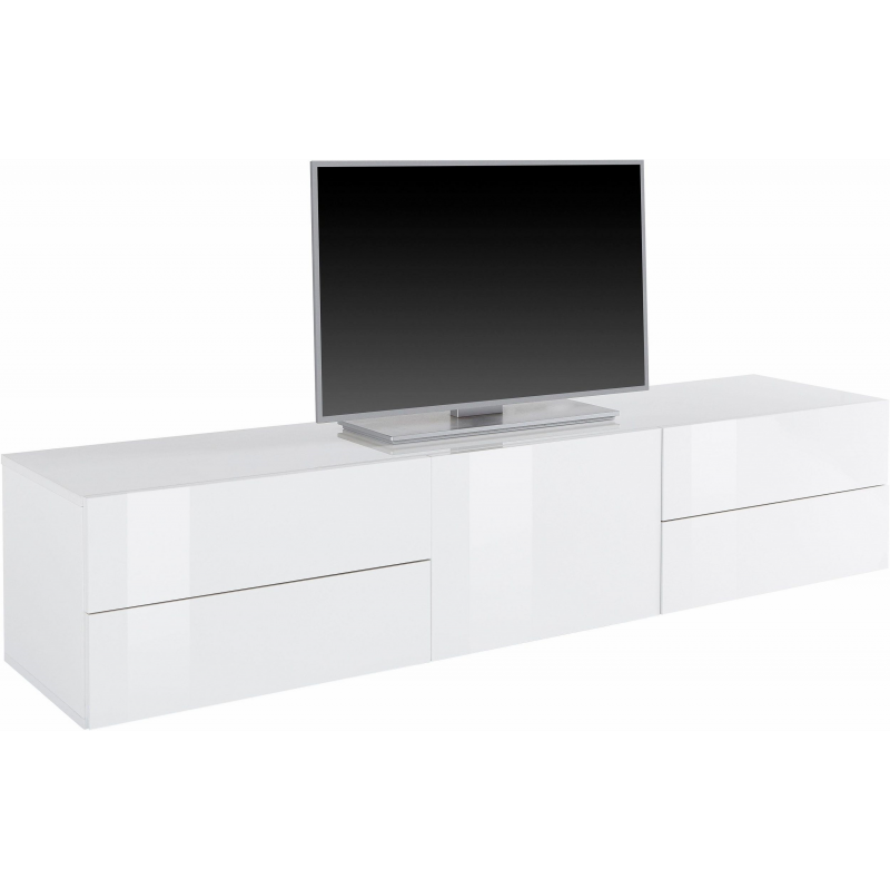 Mobile Porta TV Metis 170 con piedistallo in metallo nero – 1 anta + 4 cassetti – Bianco Lucido