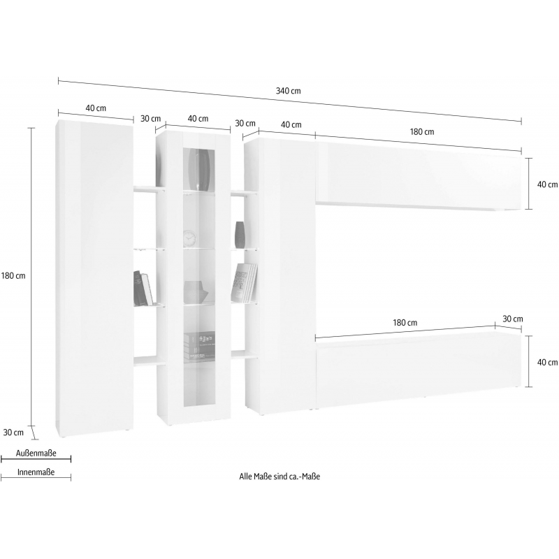Parete soggiorno Maruska – 380x180x30 – Bianco Lucido