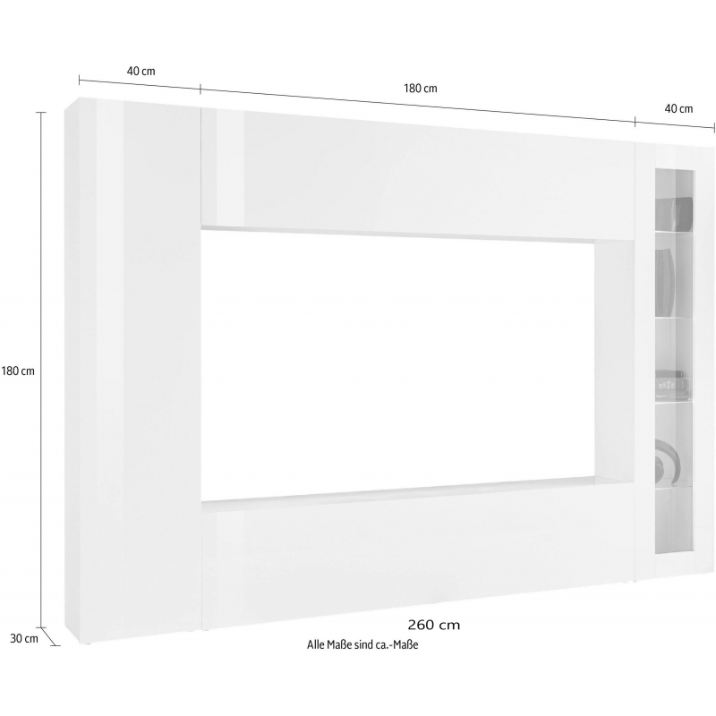 Parete soggiorno Maruska 1 vetrina– 260x180x30 – Bianco Lucido