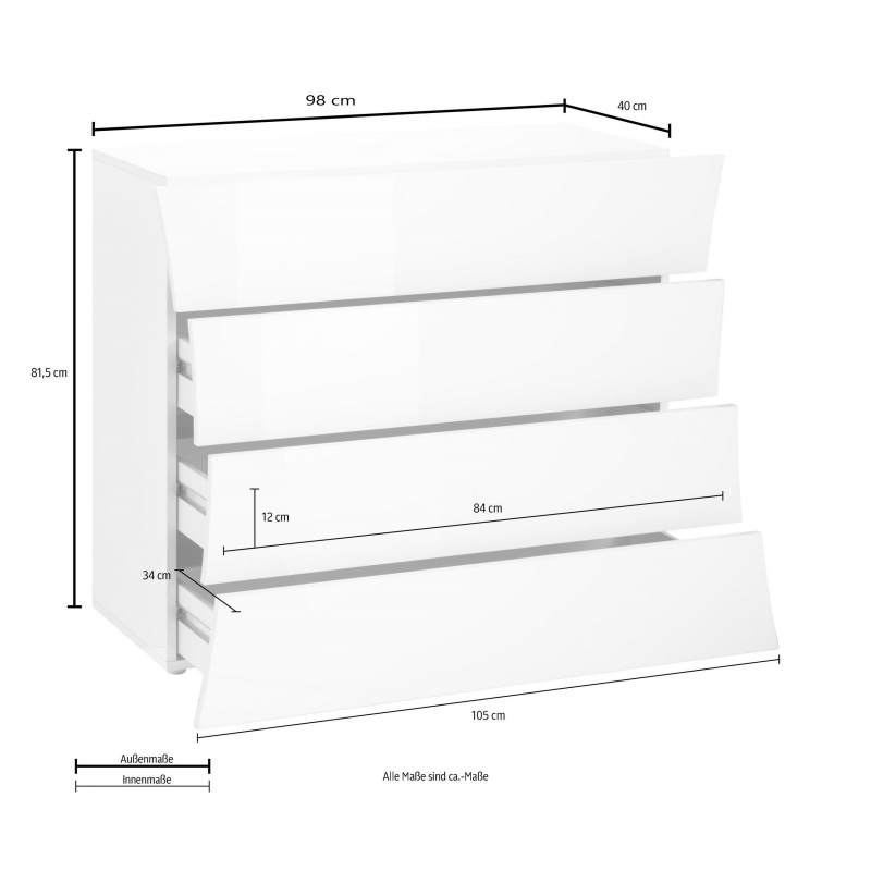Cassettiera Arco – 4 cassetti – 98x81,5x40 – Bianco Lucido