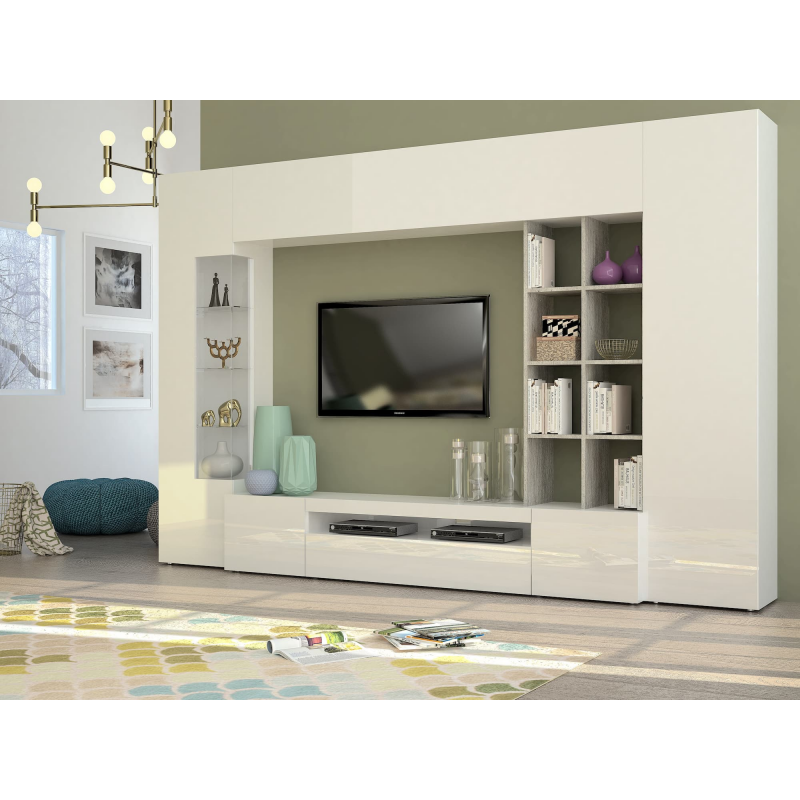 Parete soggiorno Egypt – 290x191x40cm – Bianco Lucido e Cemento