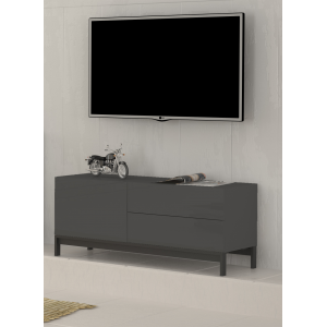 Mobile Porta TV Metis 110 con piedistallo in metallo nero – 1 anta + 2 cassetti – Antracite Lucido