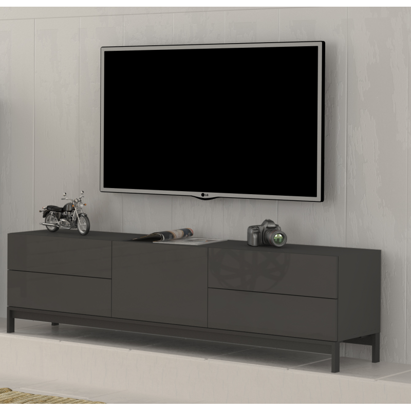 Mobile Porta TV Metis 170 con piedistallo in metallo nero – 1 anta + 4 cassetti – Antracite Lucido