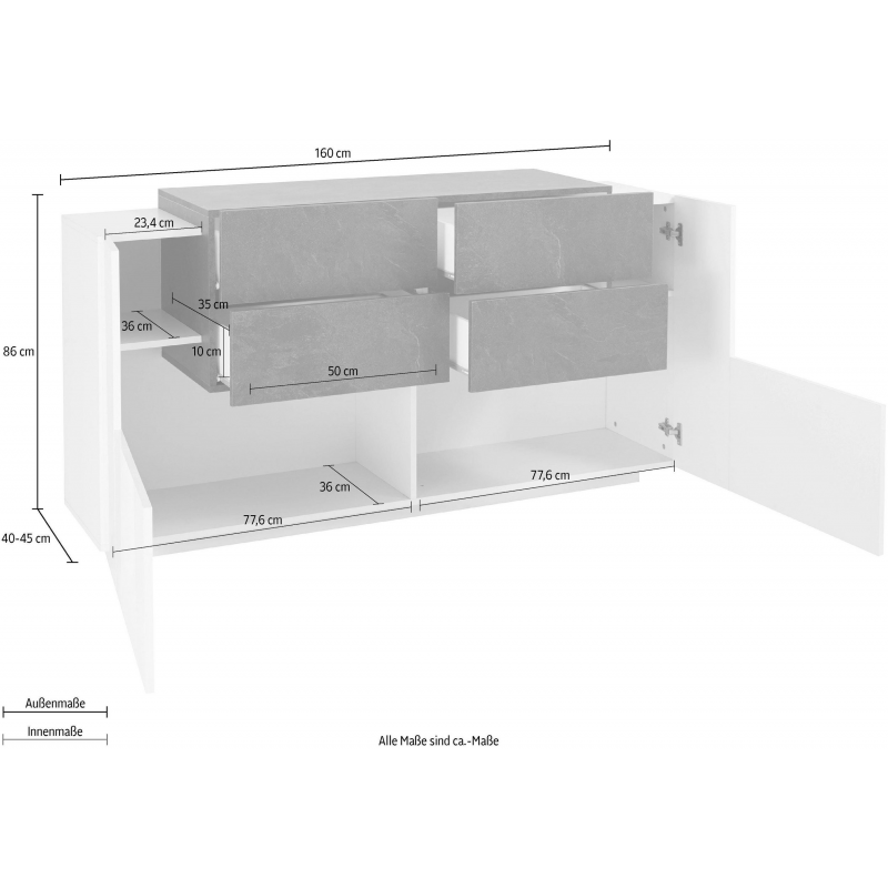 Credenza New Coro 160 – 2 ante + 4 cassetti – Bianco Lucido/Ardesia