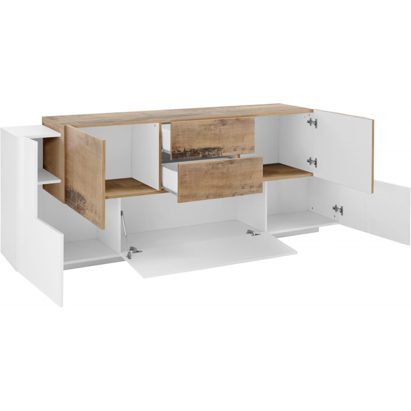 Credenza New Coro 220 – 5 ante + 2 cassetti – Bianco Lucido/Acero Pereira