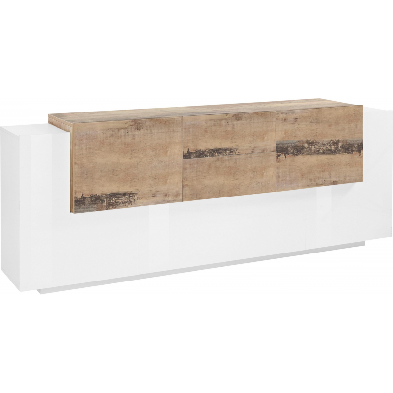 Credenza New Coro 220 – 5 ante + 2 cassetti – Bianco Lucido/Acero Pereira