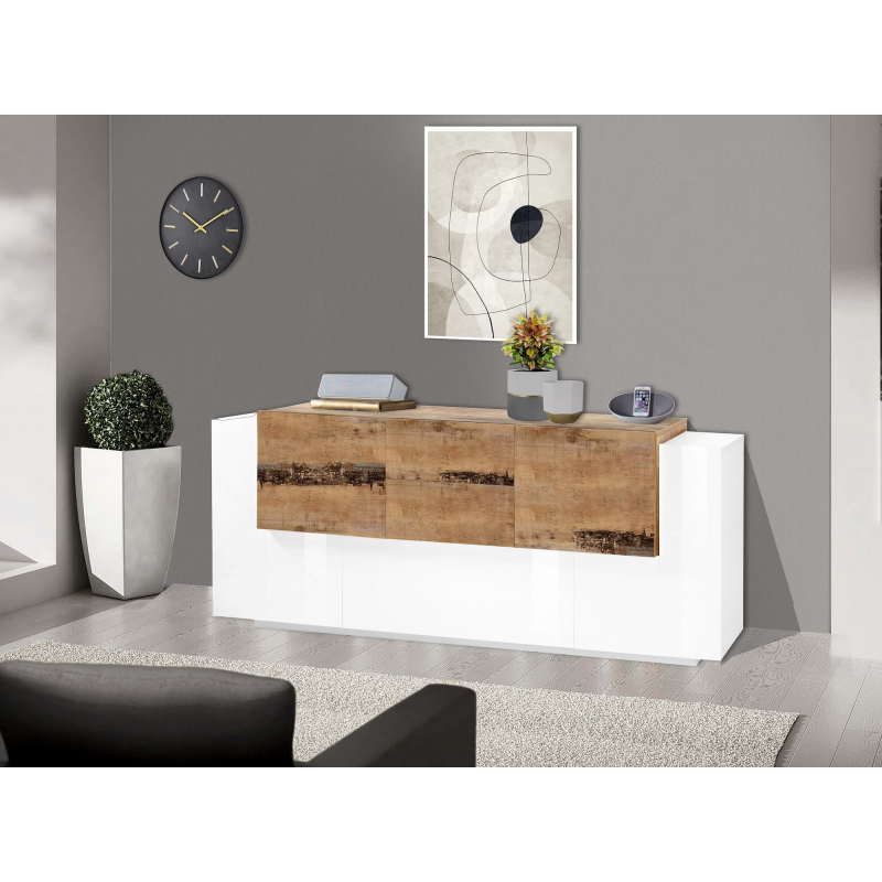 Credenza New Coro 220 – 5 ante + 2 cassetti – Bianco Lucido/Acero Pereira