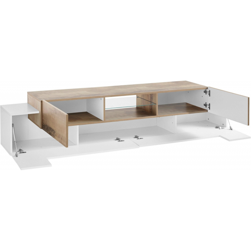 Porta TV New Coro 220 – 2+2 ante con ripiano in vetro – Bianco Lucido/Acero Pereira