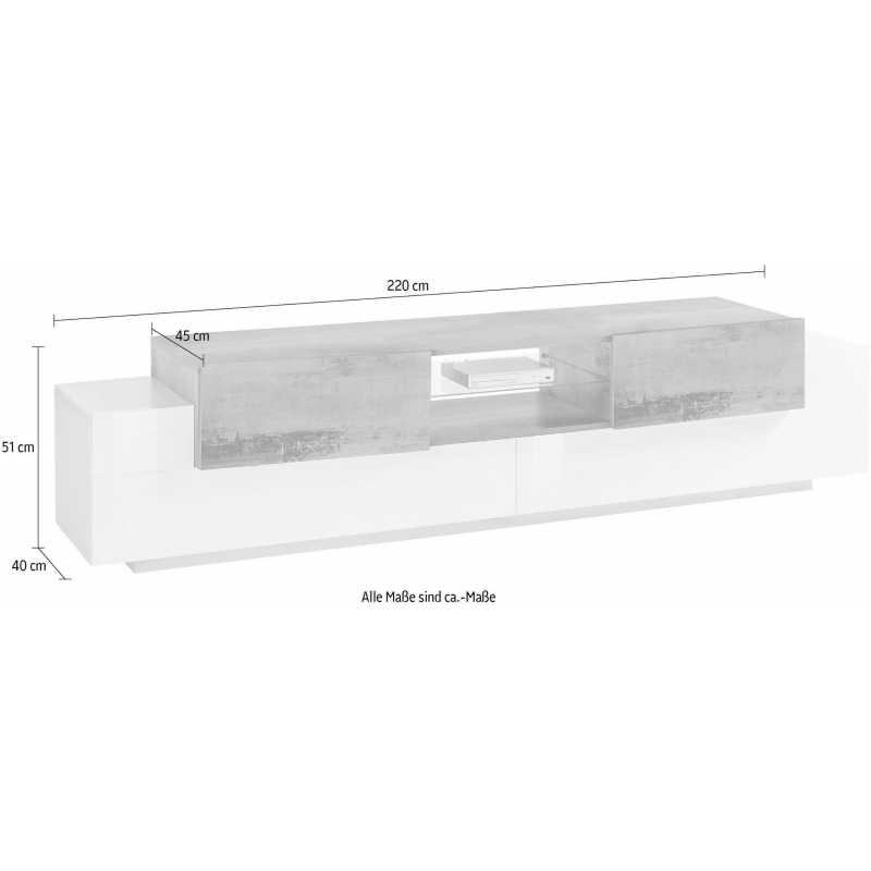 Porta TV New Coro 220 – 2+2 ante con ripiano in vetro – Bianco Lucido/Acero Pereira