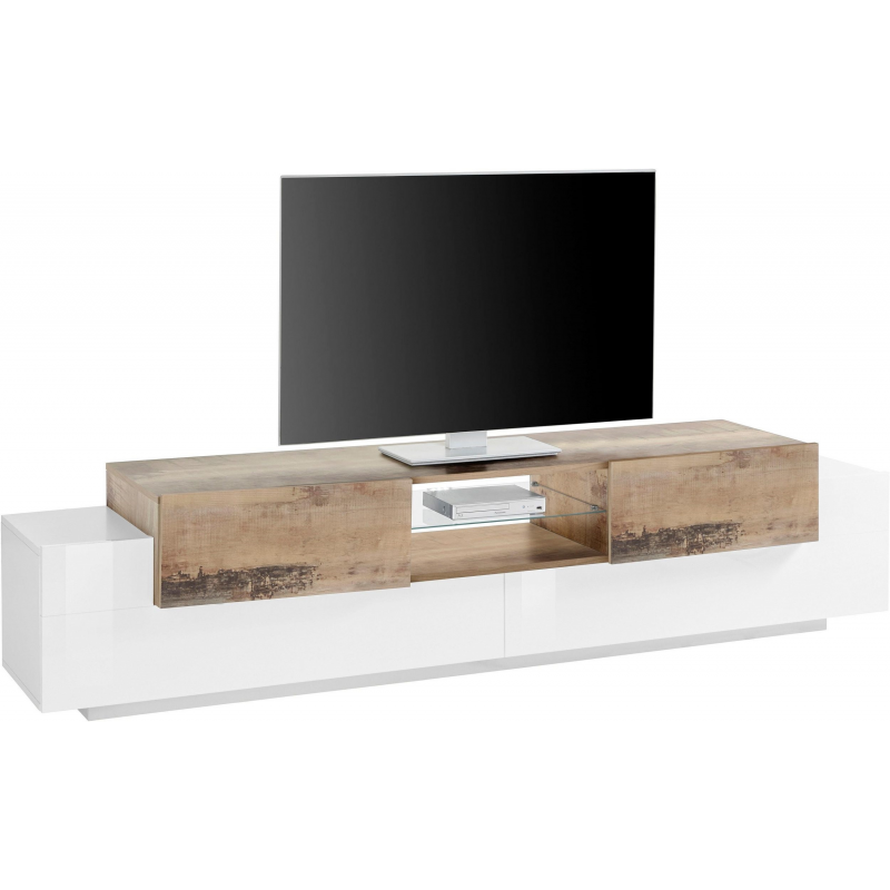 Porta TV New Coro 220 – 2+2 ante con ripiano in vetro – Bianco Lucido/Acero Pereira