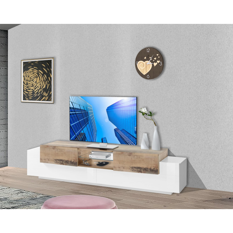 Porta TV New Coro 220 – 2+2 ante con ripiano in vetro – Bianco Lucido/Acero Pereira