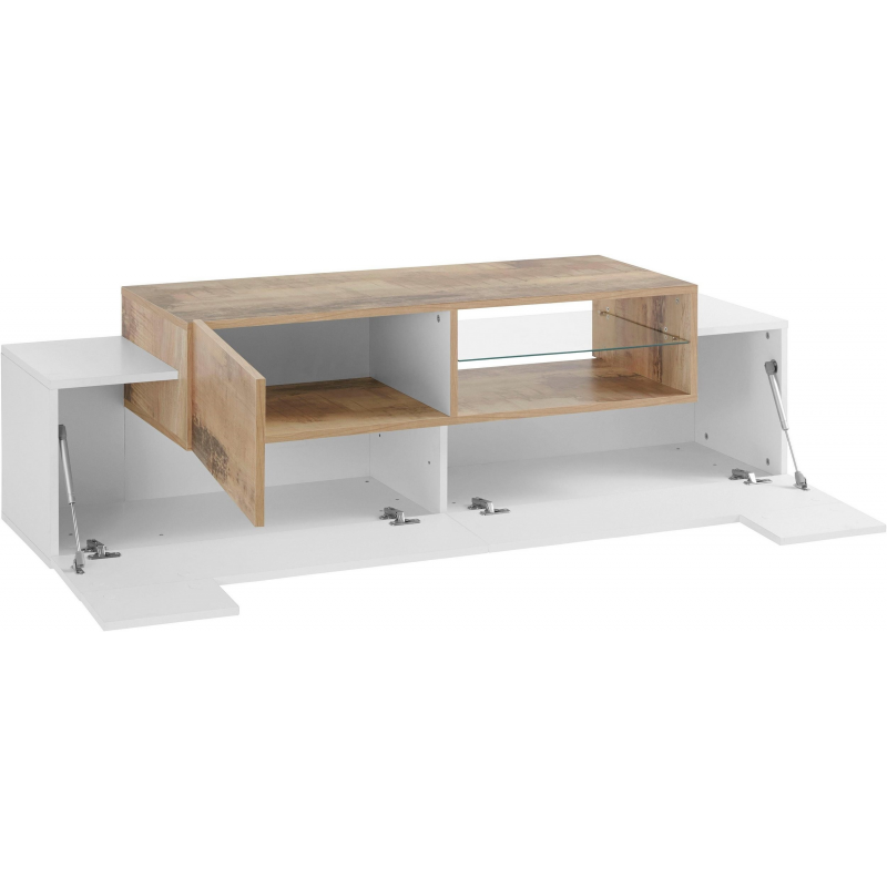Porta TV New Coro 160 – 2+1 ante con ripiano in vetro – Bianco Lucido/Acero Pereira