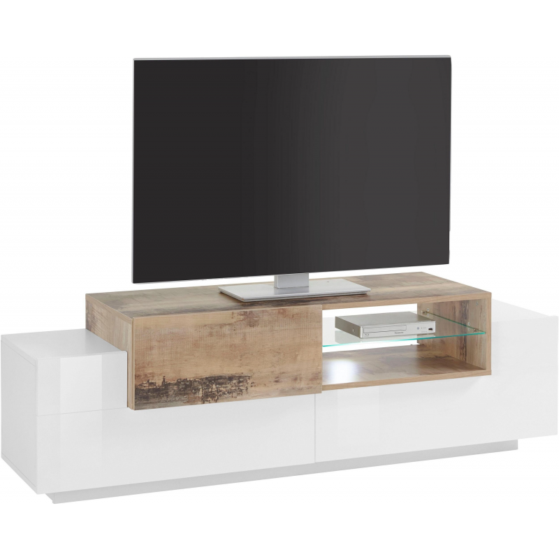 Porta TV New Coro 160 – 2+1 ante con ripiano in vetro – Bianco Lucido/Acero Pereira