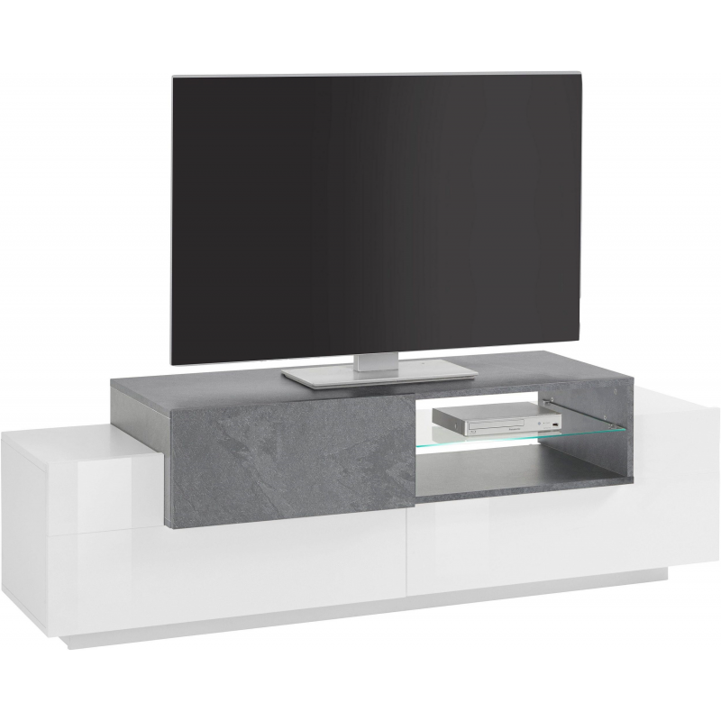 Porta TV New Coro 160 – 2+1 ante con ripiano in vetro – Bianco Lucido/Ardesia