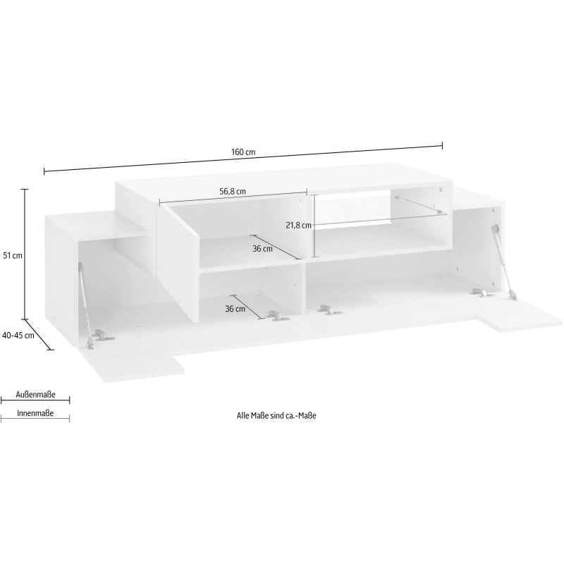 Porta TV New Coro 160 – 2+1 ante con ripiano in vetro – Bianco Lucido/Ardesia