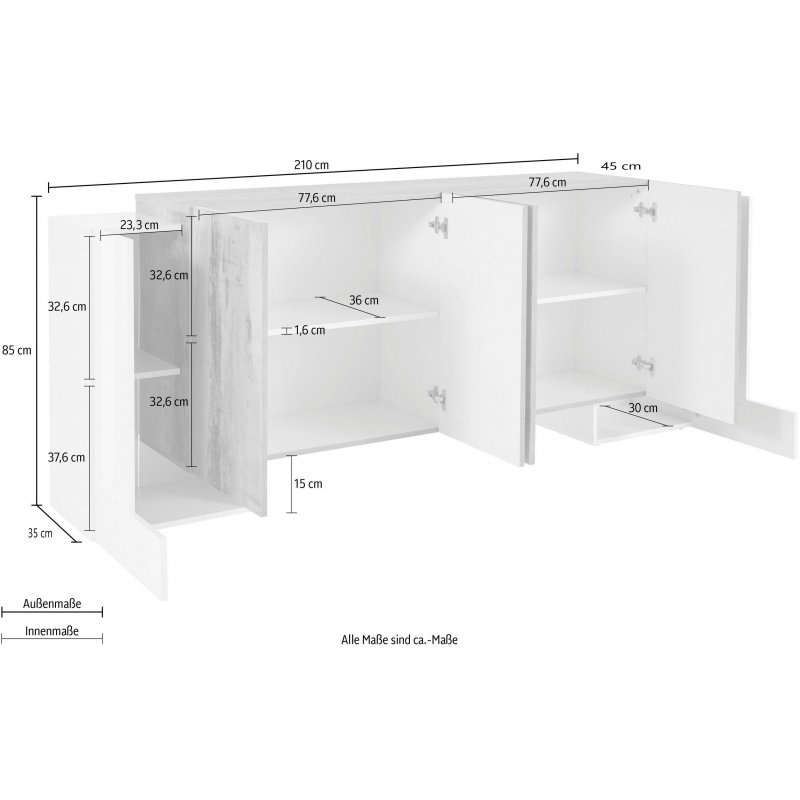 Credenza Pillon 210 – 2+4 ante – Bianco Lucido/Acero Pereira