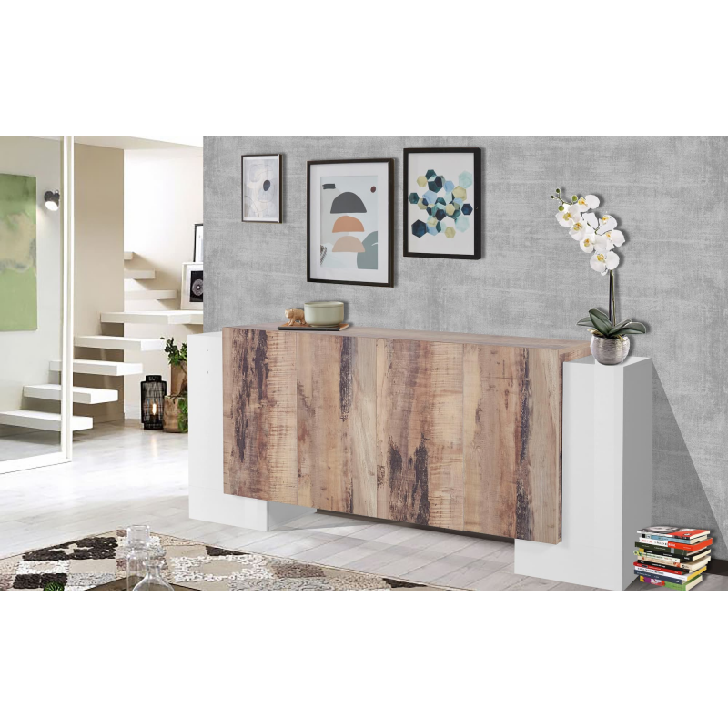 Credenza Pillon 210 – 2+4 ante – Bianco Lucido/Acero Pereira