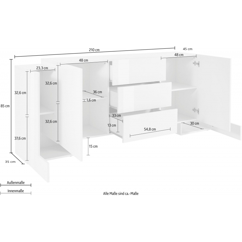 Credenza Pillon 210 – 2+2 ante + 3 cassetti – Bianco Lucido/Acero Pereira