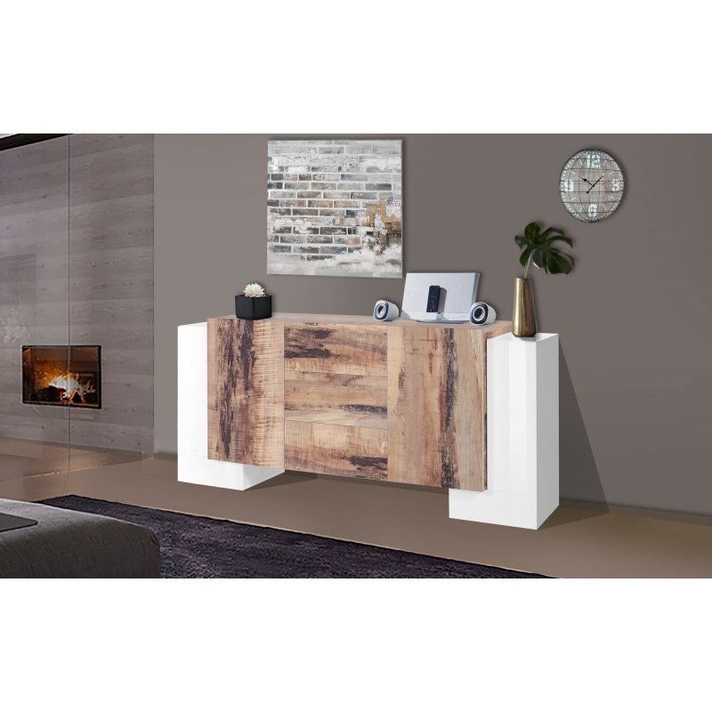 Credenza Pillon 210 – 2+2 ante + 3 cassetti – Bianco Lucido/Acero Pereira