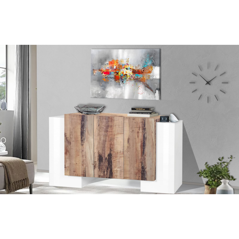 Credenza Pillon 170 – 2 ante + 3 ante – Bianco Lucido/Acero Pereira