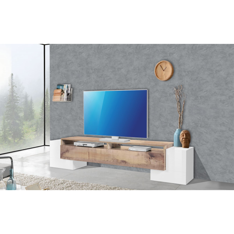 Porta TV Pillon 210 – 2+1 ante – Bianco Lucido/Acero Pereira