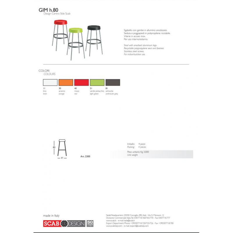 SET 4 SGABELLI GIM TECNOPOLIMERO HT 80CM MADE IN ITALY SCAB DESIGN