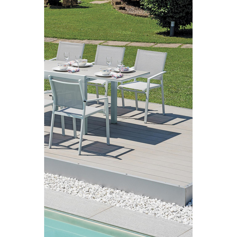 Set Tavolo Montecatini + 8 Sedie Zara Alluminio Bianco Text Grigio Chiaro Moia