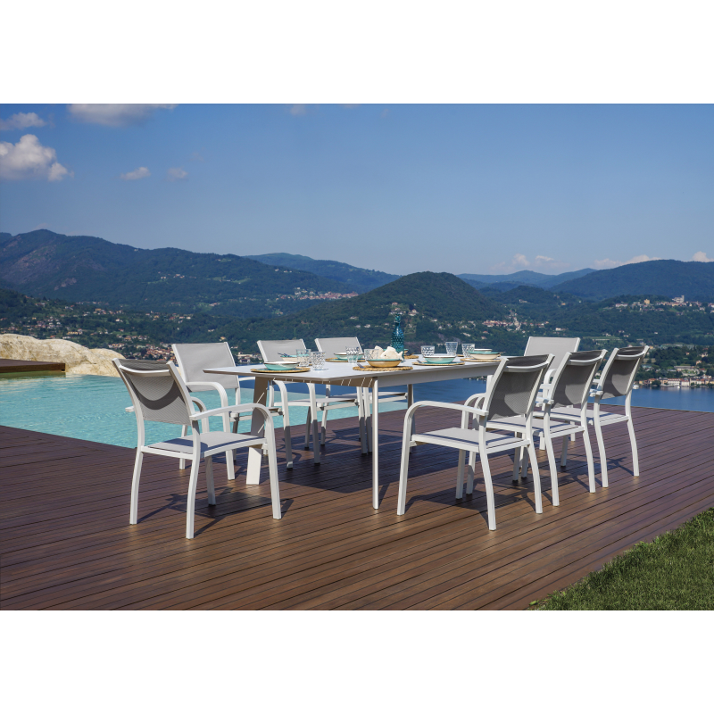 Set Tavolo San Donato + 8 Sedie Samo Alluminio Bianco Text Grigio Chiaro Moia