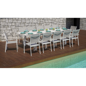 Set Tavolo Porto + 10 Sedie Samo Alluminio Bianco Text Grigio Chiaro Moia
