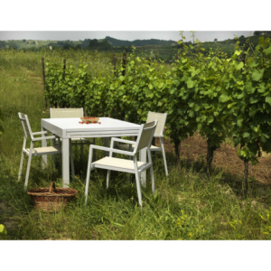 Set Tavolo alluminio + 4 Poltrone alluminio e texilene cleveland bianco opaco cm 55x56h86