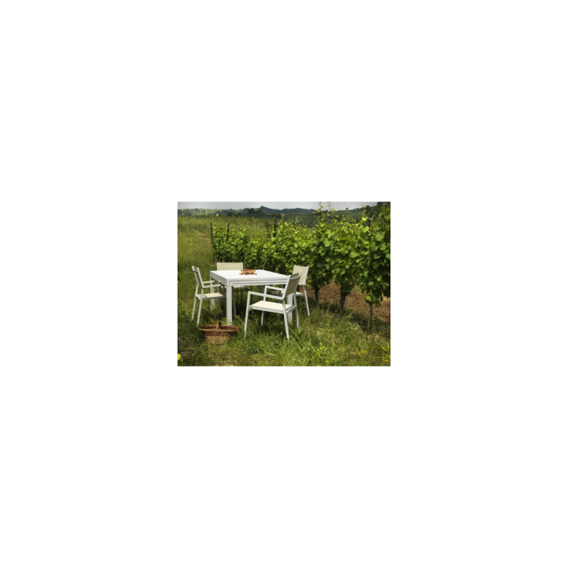 Set Tavolo alluminio + 4 Poltrone alluminio e texilene cleveland bianco opaco cm 55x56h86