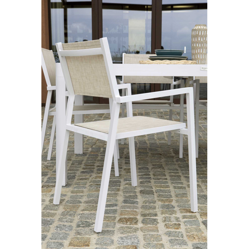 Set Tavolo alluminio + 4 Poltrone alluminio e texilene cleveland bianco opaco cm 55x56h86