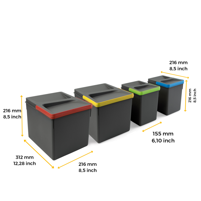 Contenitori per cassetti da cucina Recycle, Altezza 216, 2x12 + 2x6, Plastica grigio antracite, Tecnoplastica.